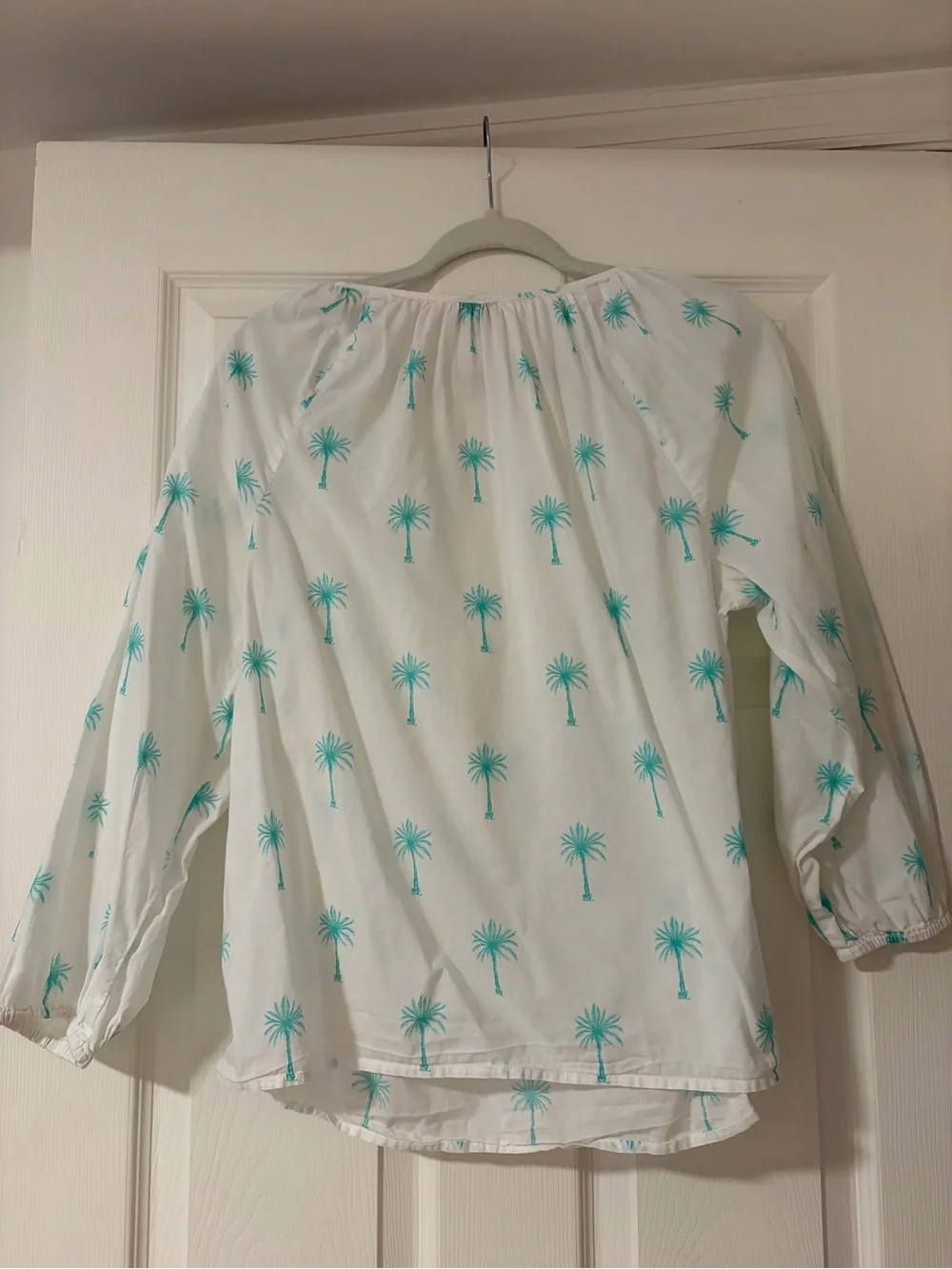J. Crew White Palm-Print Peasant Tunic with Teal Tassels